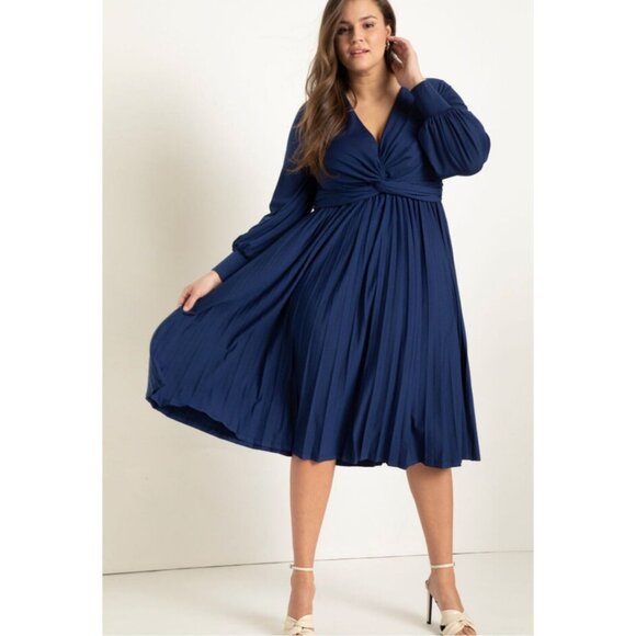 Eloquii Midi Dress 14 Knot Front Pleated Skirt Long Sleeve Ocean Cavern Blue NEW - Picture 1 of 16